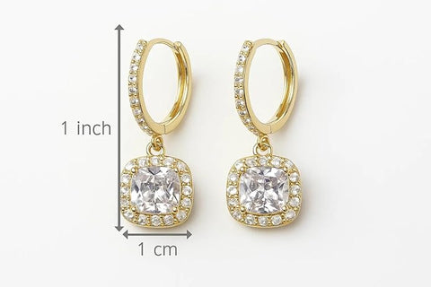 925 Sterling Silver Gold-Plated Drop Earrings for Women | Round CZ Halo Dangle with Pave Hoop Design | Elegant Wedding & Party Jewellery