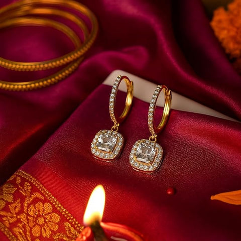 925 Sterling Silver Gold-Plated Drop Earrings for Women | Round CZ Halo Dangle with Pave Hoop Design | Elegant Wedding & Party Jewellery
