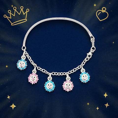 BRIA BY SAAR 925 Sterling Silver Adjustable Kids Bangles with Sun Face Charms | Multicolor Pink & Blue Design | Safe, Hypoallergenic Jewellery for Babies & Toddlers (Ages 0–5 Years)