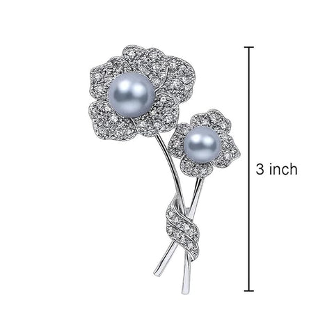 Luxury Silver Crystal Flower Brooch with Elegant Pearl Center – Sparkling Rhinestone Floral Pin for Party, Wedding, Formal for Women