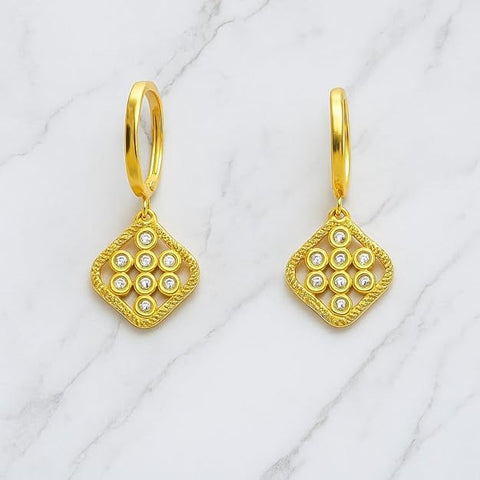 BRIA BY SAAR 925 Sterling Silver Gold-Plated Drop Earrings for Women | Sparkling Diamond-Shaped Dangle with Pavé CZ Stones | Elegant Daily & Party Fine Jewellery | Hypoallergenic