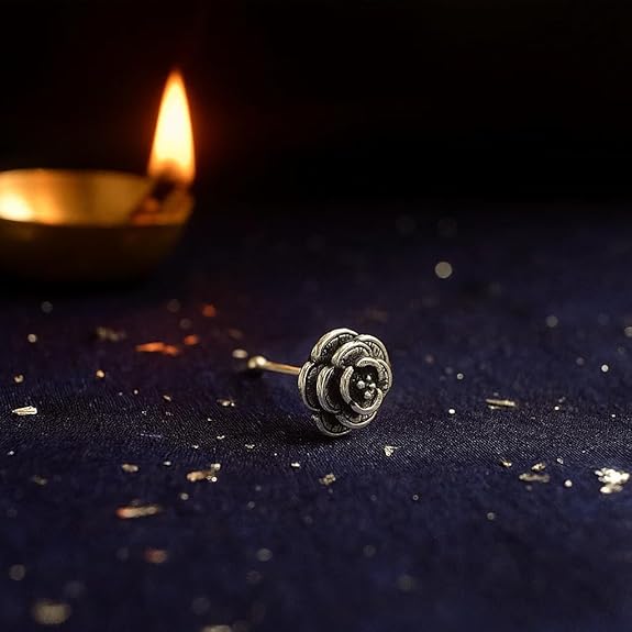 BRIA BY SAAR 925 Sterling Silver Oxidized Rose Floral Nose Pin for Women and Girls | Handcrafted Antique Rosebud Nose Stud | Ethnic Vintage Daily Wear Nose Jewelry | Hypoallergenic and Nickel-Free