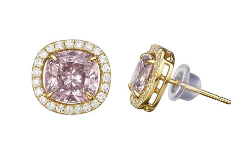 925 Sterling Silver Gold-Plated Pink Cushion-Cut Stud Earrings for Women | CZ Stone Halo Design | Luxury Wedding & Party Jewelry