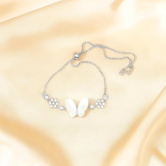 925 Sterling Silver Butterfly Charm Bracelet for Women & Girls | Elegant Adjustable Mother of Pearl Design | Stylish Party & Occasion Wear Jewellery