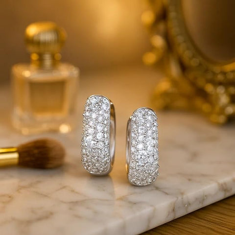 BRIA BY SAAR 925 Sterling Silver Huggie Hoop Earrings for Women | Sparkling Pavé CZ Stone Encrusted Small Hoops | Elegant Minimalist Daily & Party Wear Fine Jewellery | Hypoallergenic