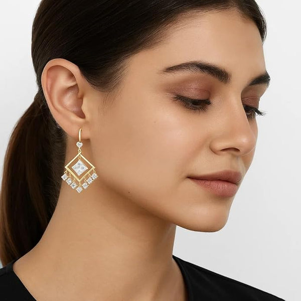 925 Sterling Silver Gold-Plated Chandelier Earrings for Women | Square-Cut CZ Center with Dangling Round Crystals | Elegant Wedding & Party Jewelry