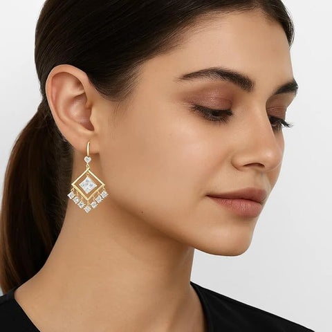 925 Sterling Silver Gold-Plated Chandelier Earrings for Women | Square-Cut CZ Center with Dangling Round Crystals | Elegant Wedding & Party Jewelry