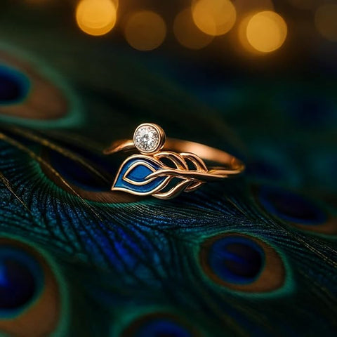 BRIA BY SAAR 925 Sterling Silver Peacock Feather Ring for Women | Elegant Artistic Design with Blue Enamel & Sparkling Accents | Unique Copper-Plated Statement Jewellery | Gift for Her