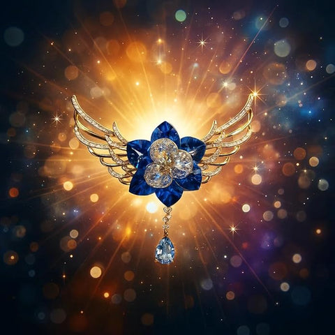 Swarovski Glass Blue Crystal Flower Brooch with Golden Wing Design – Elegant Diamond-Style Center & Dangling Drop Stone | Party, Wedding Pin for Women