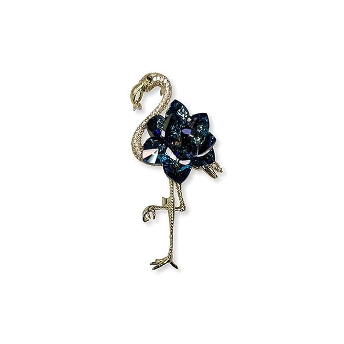 BRIA BY SAAR Flamingo Bird Swarovski Glass Brooch with Dark Blue Crystal Stones | Elegant Golden Finish Designer Pin for Women | Statement Jewellery for Saree, Blazer, and Gown | Wedding & Festive Gift