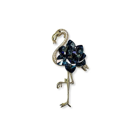 BRIA BY SAAR Flamingo Bird Swarovski Glass Brooch with Dark Blue Crystal Stones | Elegant Golden Finish Designer Pin for Women | Statement Jewellery for Saree, Blazer, and Gown | Wedding & Festive Gift