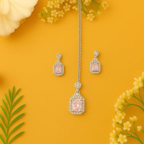 BRIA BY SAAR 925 Sterling Silver Pink Aquamarine Halo Necklace Set for Women | Romantic Pastel Gemstone Pendant & Matching Earrings | Sparkling Crystal Halo Fine Jewellery | Luxury Gift for Weddings & Anniversaries