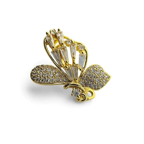 Golden Butterfly Brooch with Sparkling White Crystals – Elegant Designer Insect Pin for Women’s Party, Wedding, Festive & Formal Wear