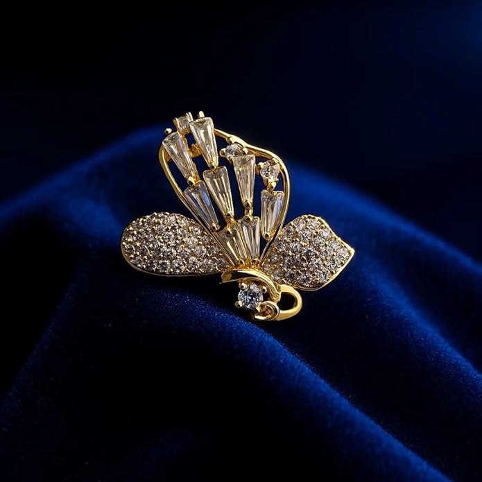 Golden Butterfly Brooch with Sparkling White Crystals – Elegant Designer Insect Pin for Women’s Party, Wedding, Festive & Formal Wear