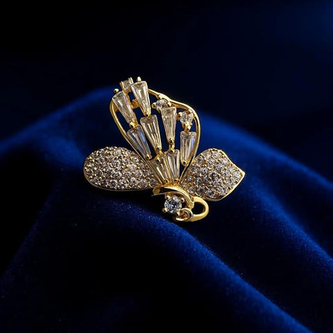 Golden Butterfly Brooch with Sparkling White Crystals – Elegant Designer Insect Pin for Women’s Party, Wedding, Festive & Formal Wear