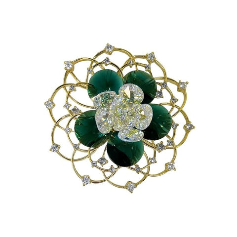 Swarovski Glass Green Crystal Flower Brooch with Golden Net Design & Sparkling Rhinestones – Elegant Party, Wedding, Festive & Formal Wear Pin for Women