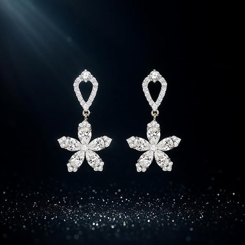BRIA BY SAAR Luxury Floral Petal Drop Earrings in 925 Sterling Silver | 18K Gold-Plated Designer Wedding Earrings with Brilliant Cubic Zirconia Stones | Elegant Gift for Anniversaries & Special Occasions