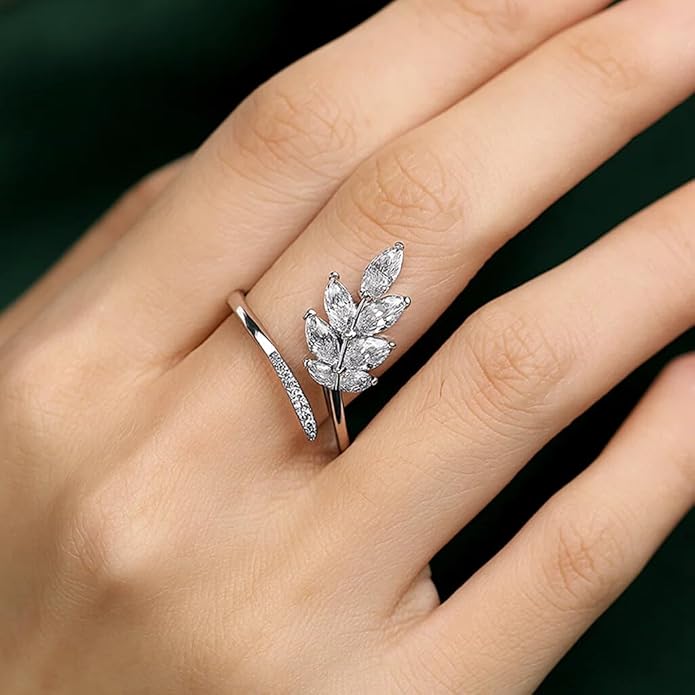 925 Sterling Silver Adjustable Leaf Open Ring for Women and Girls | Nature-Inspired Sparkling CZ Foliage Design | Elegant Minimalist Fine Jewellery Gift | Hypoallergenic