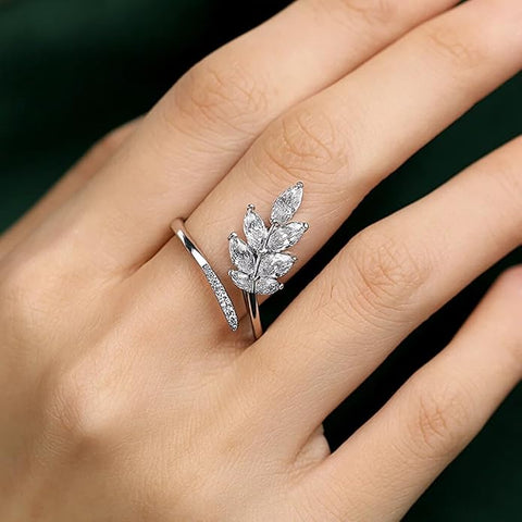 BRIA BY SAAR 925 Sterling Silver Adjustable Leaf Open Ring for Women & Girls with Sparkling CZ Stones – Elegant Nature-Inspired Design