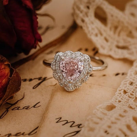 BRIA BY SAAR 925 sterling silver heart design adjustable ring for women & girls | sparkling pink stone with diamond-cut halo | love & elegance