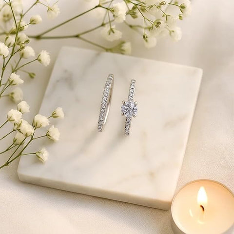 BRIA BY SAAR Silver-Plated CZ Engagement and Wedding Ring Set | Solitaire Round-Cut with Pavé Band | Elegant Bridal Proposal and Anniversary Jewellery for Women | 2-Piece Coordinated Set