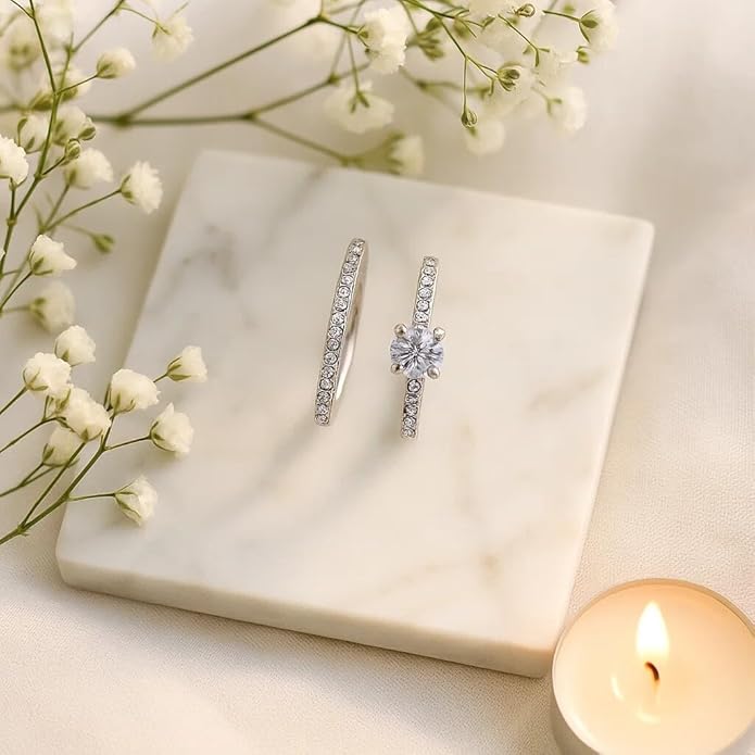 BRIA BY SAAR Silver-Plated CZ Engagement & Wedding Ring Set – Solitaire Round-Cut with Pave Band – Ideal for Bridal, Proposal & Anniversary