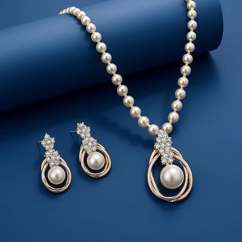 925 Silver Jewellery Stylish Sterling silver Pearl Necklace Jewelry Set for Women and Girls – Elegant Gold & Silver Color Design with Shimmering Crystals, Matching Earrings and Classic Pearl Pendant – Perfect for Weddings, Gifting