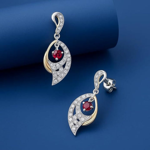 BRIA BY SAAR 925 Sterling Silver Dual-Tone Drop Earrings | Gold & Silver Geometric Finish with Red Crystal Floral Center | Elegant Festive & Party Jewellery