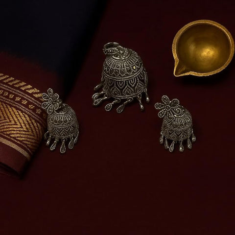 925 Silver Jewellery Floral Oxidised Earrings for Women | Traditional Dull-Silver Finish | Ethnic Statement Ear Rings