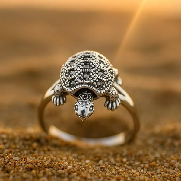 BRIA BY SAAR 925 Sterling Silver Turtle Shape Ring for Women and Girls | Vintage Marcasite Animal Design Finger Ring | Symbol of Wisdom and Longevity | Hypoallergenic Fine Jewellery Gift