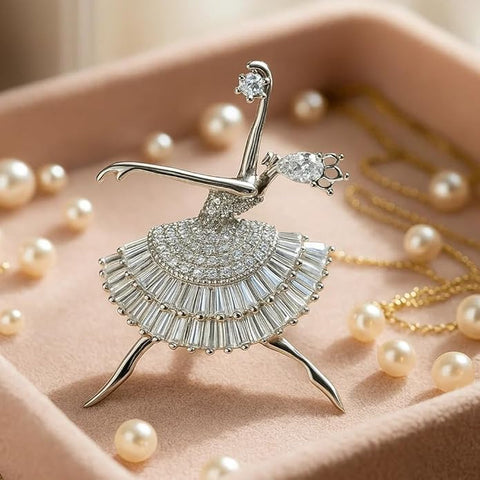 925 Sterling Silver Ballerina Style Saree Pin & Brooch for Women | Elegant Crystal-Studded Dancing Girl Dress Brooch | Stylish Blazer, & Ethnic Accessory