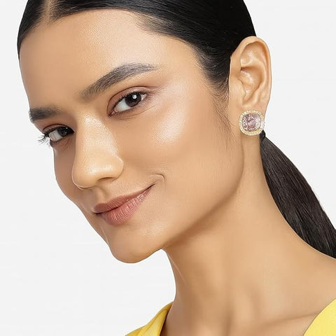 BRIA BY SAAR 925 Sterling Silver Gold-Plated Pink Cushion-Cut Stud Earrings for Women | Radiant CZ Halo Design | Luxury Wedding, Bridal & Festive Party Fine Jewellery