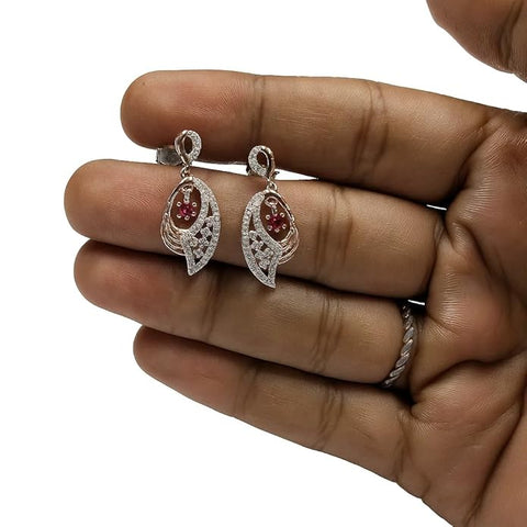 BRIA BY SAAR 925 Sterling Silver Dual-Tone Drop Earrings | Gold & Silver Geometric Finish with Red Crystal Floral Center | Elegant Festive & Party Jewellery