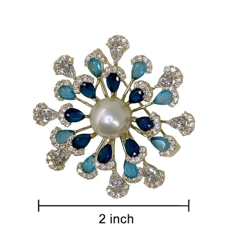 Luxury Pearl & Blue Crystal Flower Design Brooch with Sparkling Rhinestones – Elegant Party, Wedding, Festive & Formal Wear, Blazers, Ethnic & Western Outfits Pin for Women