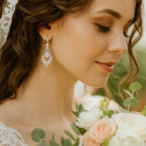 BRIA BY SAAR 925 Sterling Silver Teardrop CZ Dangle Earrings for Women | Elegant Marquise-Cut Accents with Halo Drop Design | Luxury Wedding, Bridal and Party Fine Jewellery | Hypoallergenic