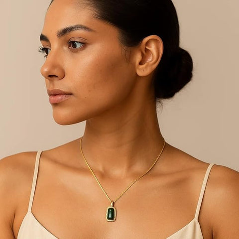 BRIA BY SAAR 925 Sterling Silver Gold-Plated Green Gemstone Pendant Necklace | Timeless Elegant Jewellery for Everyday & Special Occasions
