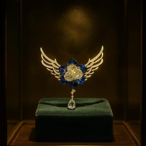Swarovski Glass Blue Crystal Flower Brooch with Golden Wing Design – Elegant Diamond-Style Center & Dangling Drop Stone | Party, Wedding Pin for Women
