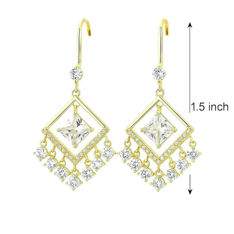 925 Sterling Silver Gold-Plated Chandelier Earrings for Women | Square-Cut CZ Center with Dangling Round Crystals | Elegant Wedding & Party Jewelry