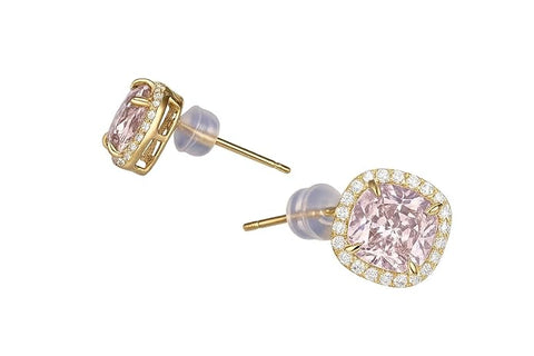 BRIA BY SAAR 925 Sterling Silver Gold-Plated Pink Cushion-Cut Stud Earrings for Women | Radiant CZ Halo Design | Luxury Wedding, Bridal & Festive Party Fine Jewellery