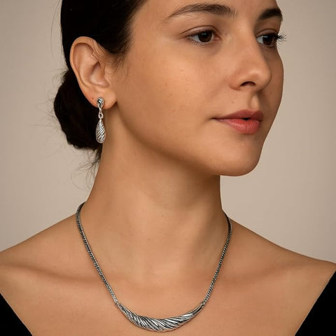 BRIA BY SAAR 925 Sterling Silver Marcasite Necklace & Earrings Set for Women & Girls | Elegant Antique Finish Jewelry | Stylish Party & Ethnic Wear