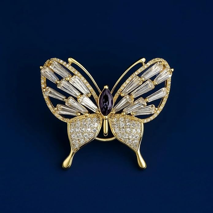 Bria By Saar Luxury Butterfly Brooch with Purple Gemstone Center & Sarwoski glass – Elegant Golden Finish Jewelry Pin for Women’s Party, Wedding, Festive & Formal Wear