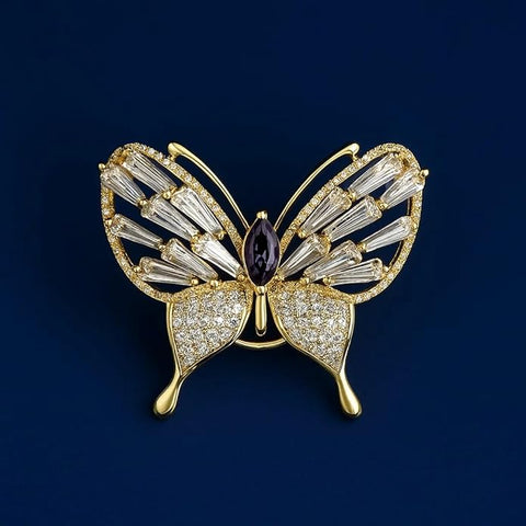 Bria By Saar Luxury Butterfly Brooch with Purple Gemstone Center & Sarwoski glass – Elegant Golden Finish Jewelry Pin for Women’s Party, Wedding, Festive & Formal Wear