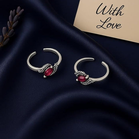 BRIA BY SAAR 925 Sterling Silver Finger Ring/Toe Ring with Pink Marcasite Stone – Adjustable Silver Floral Design for Women (1 Pair)