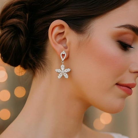 BRIA BY SAAR Luxury Floral Petal Drop Earrings in 925 Sterling Silver | 18K Gold-Plated Designer Wedding Earrings with Brilliant Cubic Zirconia Stones | Elegant Gift for Anniversaries & Special Occasions