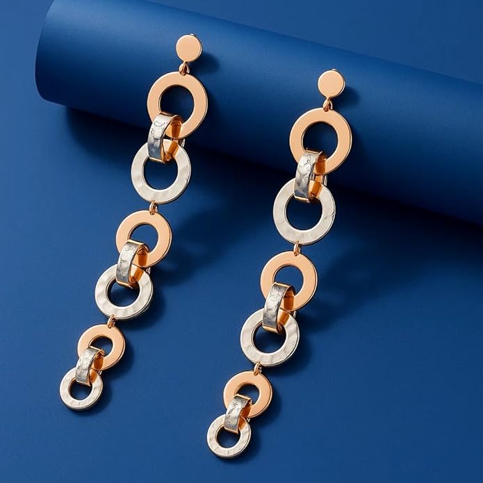 925 Silver Jewellery "Dual-Tone Linked Drop Earrings – Modern Copper & Silver Statement Jewelry for Women