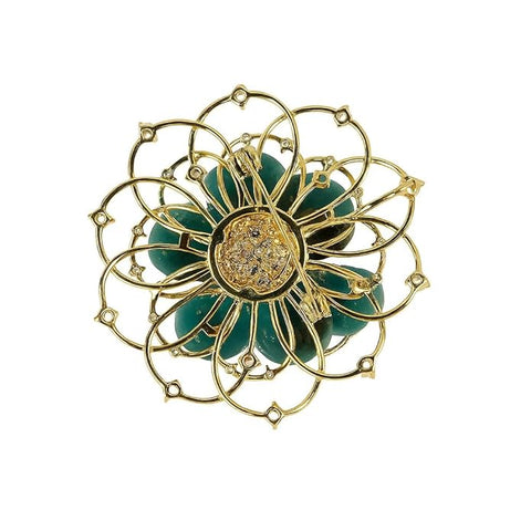 Swarovski Glass Green Crystal Flower Brooch with Golden Net Design & Sparkling Rhinestones – Elegant Party, Wedding, Festive & Formal Wear Pin for Women