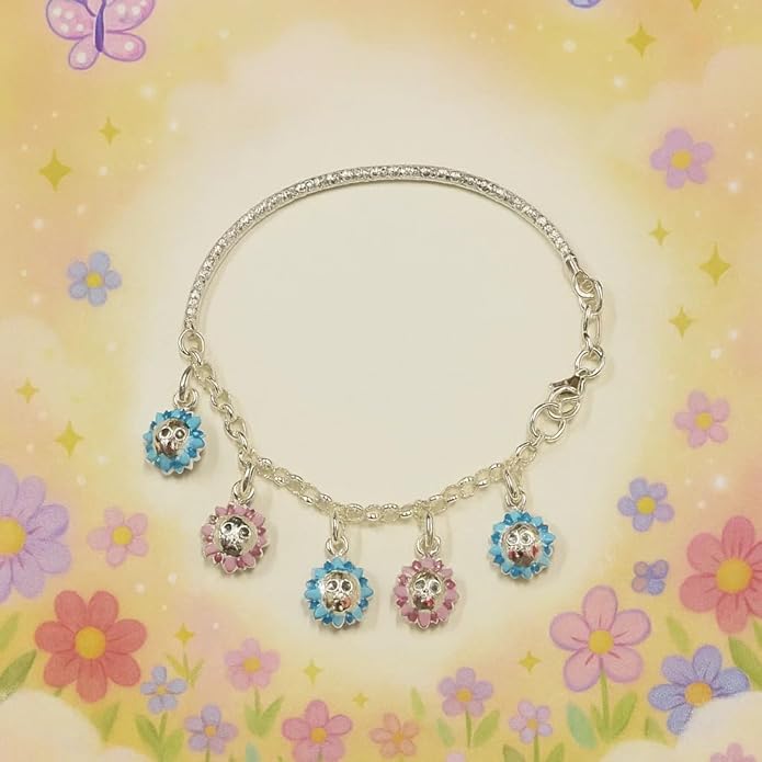 BRIA BY SAAR 925 Sterling Silver Adjustable Kids Bangles with Sun Face Charms | Multicolor Pink & Blue Design | Safe, Hypoallergenic Jewellery for Babies & Toddlers (Ages 0–5 Years)