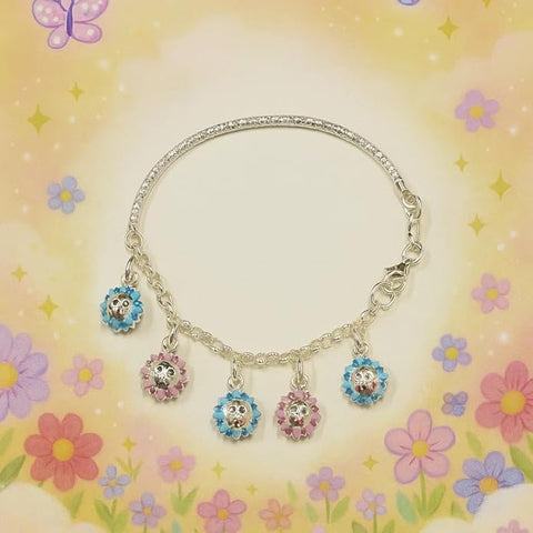 BRIA BY SAAR 925 Sterling Silver Adjustable Kids Bangles with Sun Face Charms | Multicolor Pink & Blue Design | Safe, Hypoallergenic Jewellery for Babies & Toddlers (Ages 0–5 Years)