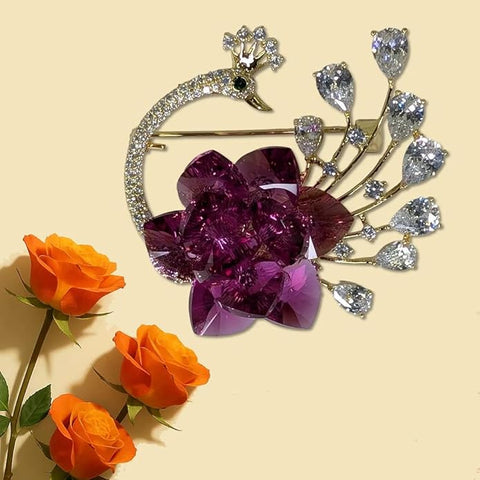 Sarwoski glass luxury Peacock Brooch with Pink Crystal Flower & Diamond-Style Stones – Elegant Golden Finish Jewelry Pin for Women’s Party, Wedding, Festive