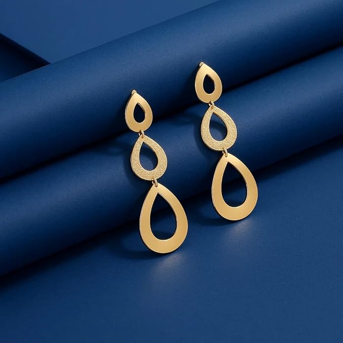 BRIA BY SAAR 925 Sterling Silver Gold-Plated Long Drop Earrings | Triple Teardrop Interlinked Dangle Design | Elegant Fine Jewellery for Parties & Weddings